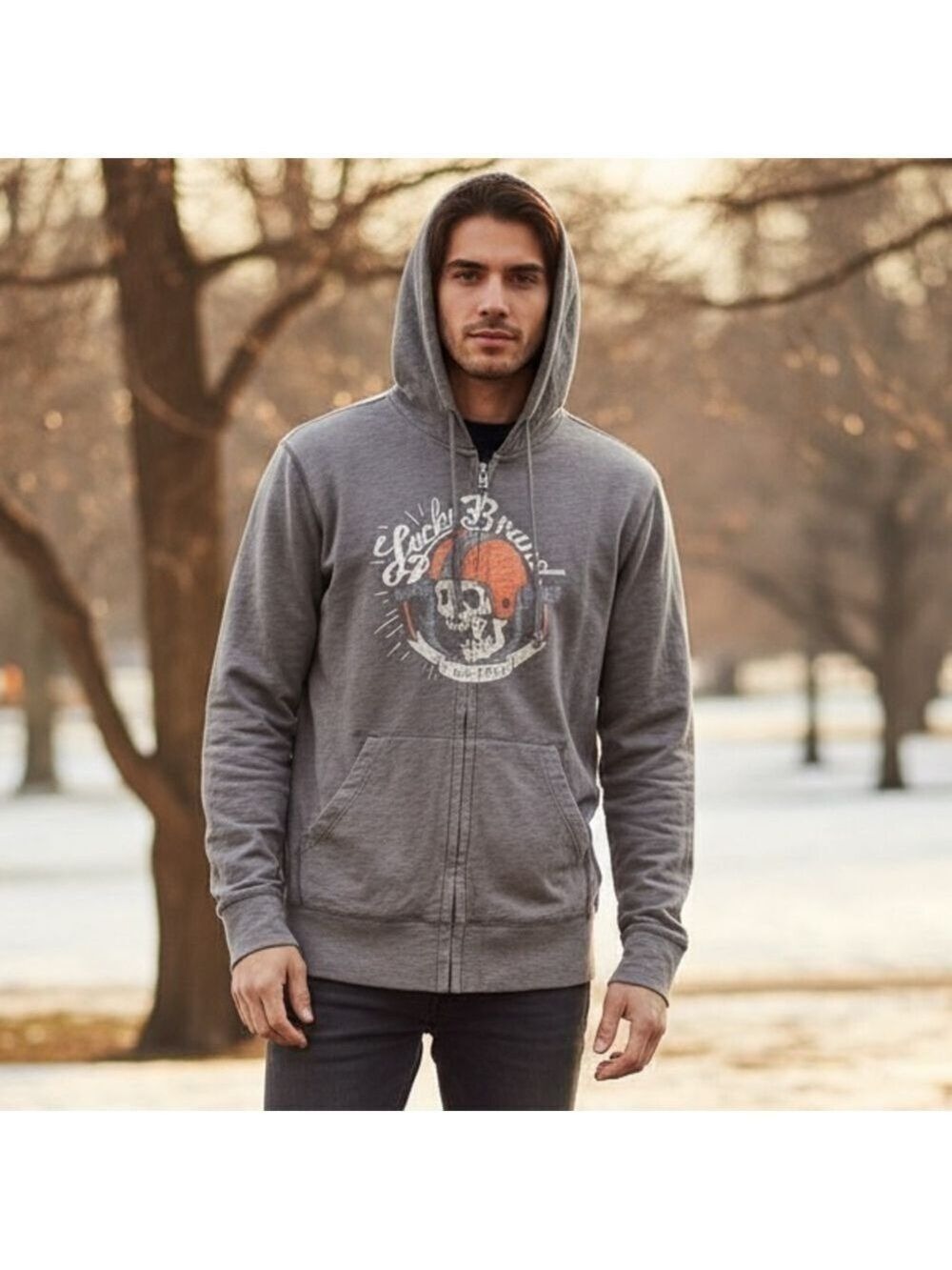 Lucky Brand Original California Hoodie Vintage Skull Graphic Y2K Grunge Grey L